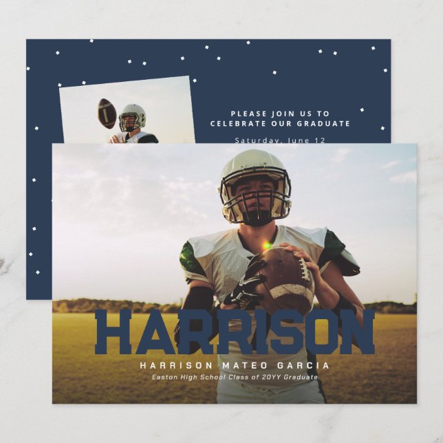 Invitación Fotos del atleta graduado de nombre audaz con grad (Anverso / Reverso)