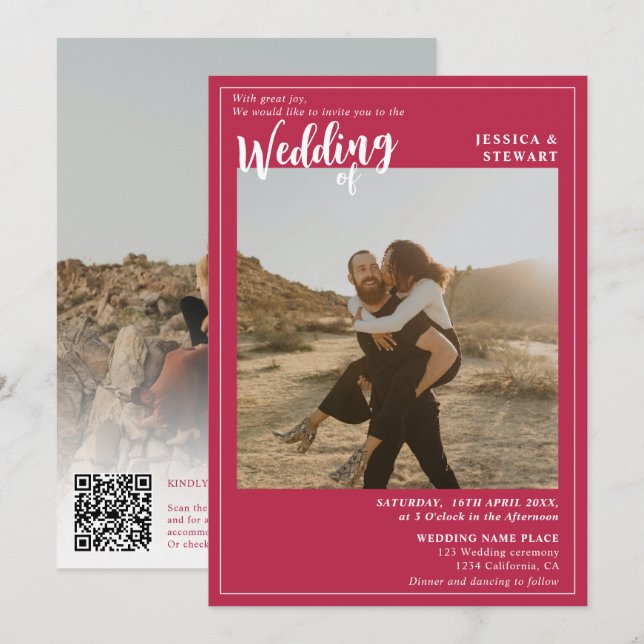 Invitación Fotos del guión del boda magenta Código Qr (Anverso / Reverso)
