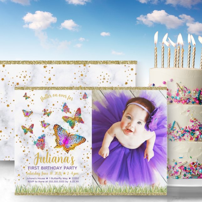 Invitación Fotos del primer cumpleaños de la mariposa brillan (Bright Butterfly First Birthday Party Photo Invitation)