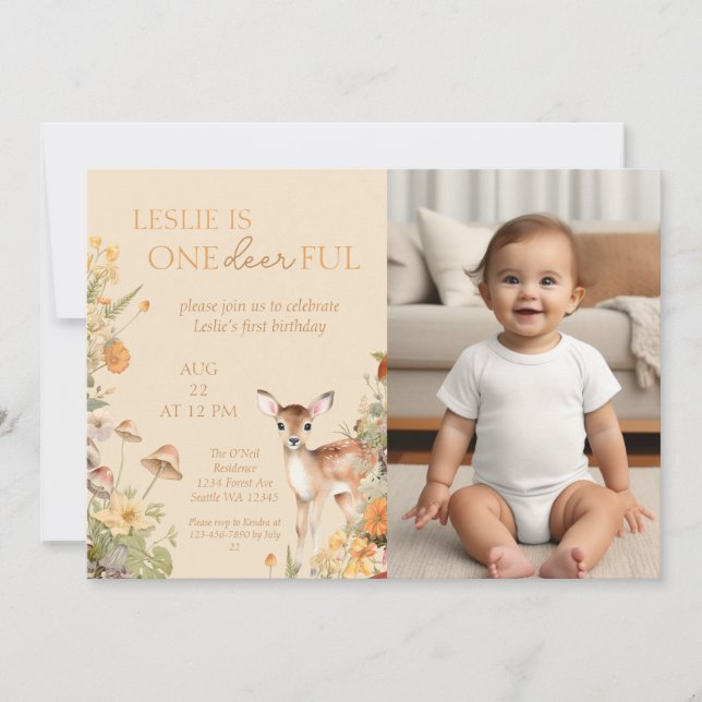 Invitación Fotos del primer cumpleaños del venado de Woodland (Anverso)