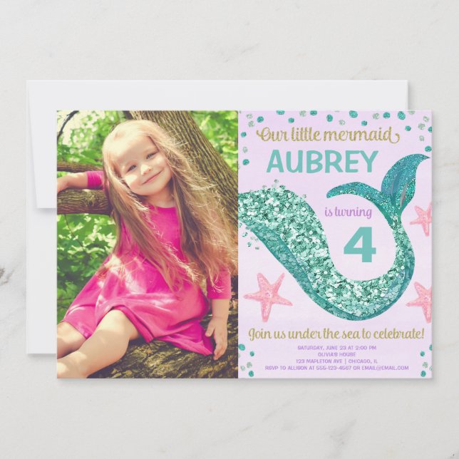 Invitación Fotos del purpurina verde azulado púrpura rosa de  (Anverso)