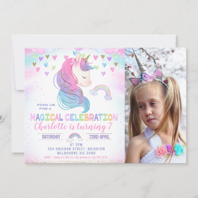 Invitación Fotos: Día de cumpleaños de Rainbow Unicorn (Anverso)