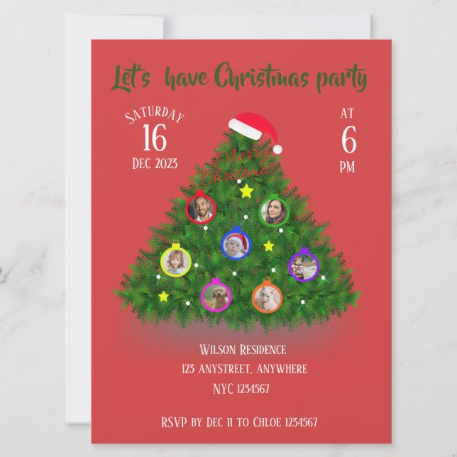 Invitación Fotos familiares en el árbol de Navidad (Anverso)