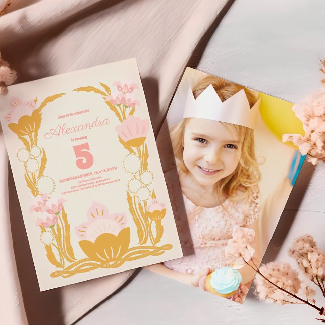 Invitación Fotos Floral Niños Oro Rosa Cumpleaños (Subido por el creador)
