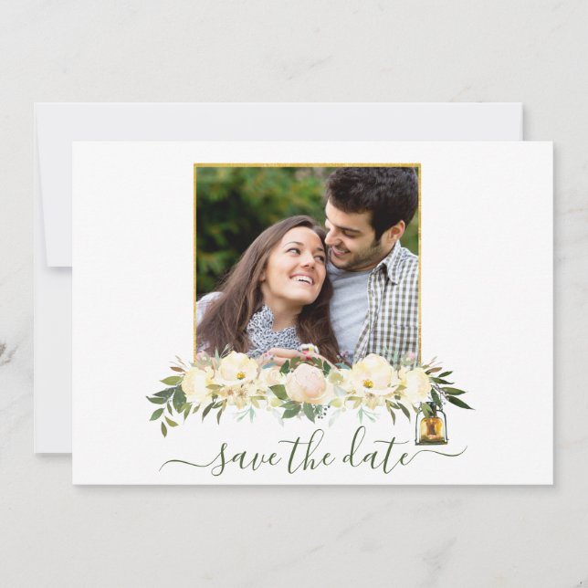 Invitación Fotos florales Linternas de Oro Blanco Salvan La F (Anverso)