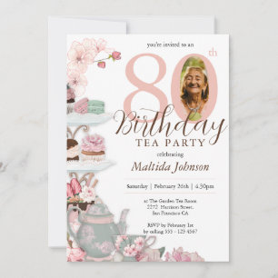 Invitación Fotos florales rosas Fiesta de té 80 cumpleaños