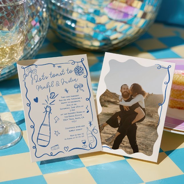 Invitación Fotos ilustradas azul retro francés Engagement (Retro French blue illustrated photo Engagement Invitation)