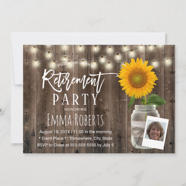 Invitación Fotos Jubilación Rustic Sunflower Mason Jar Wood (Anverso)