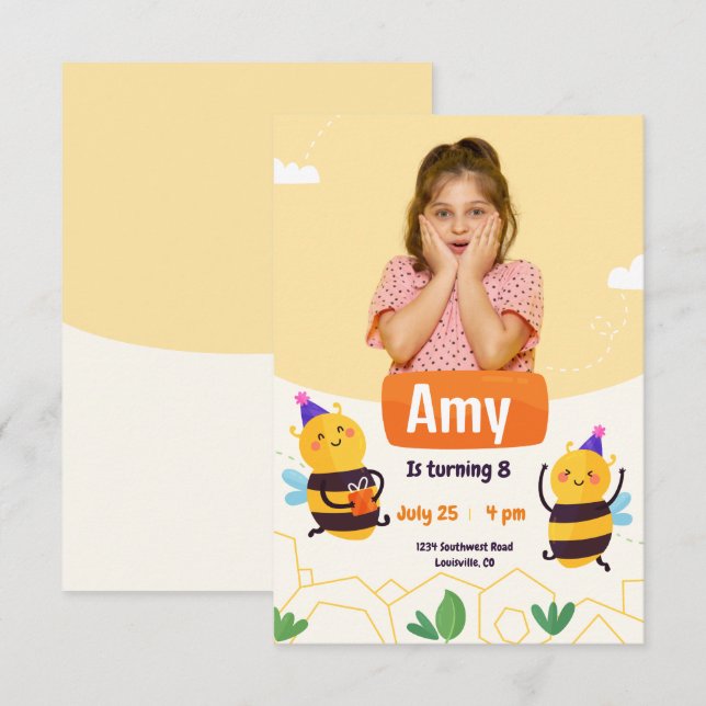 Invitación Fotos modernas Bumble Bee Cumpleaños (Anverso / Reverso)