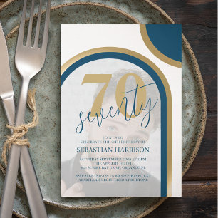 Invitación Fotos Modernas Retro Azul Y Oro Cumpleaños
