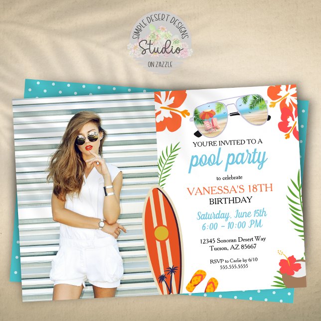 Invitación Fotos modernas retro Fiesta de piscina tropical Cu (modern trendy pool party invitation for birthday or graduation celebration)