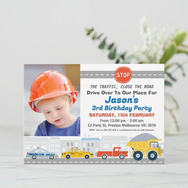 Invitación Fotos modernas transporte por carretera Cumpleaños (Anverso de pie)