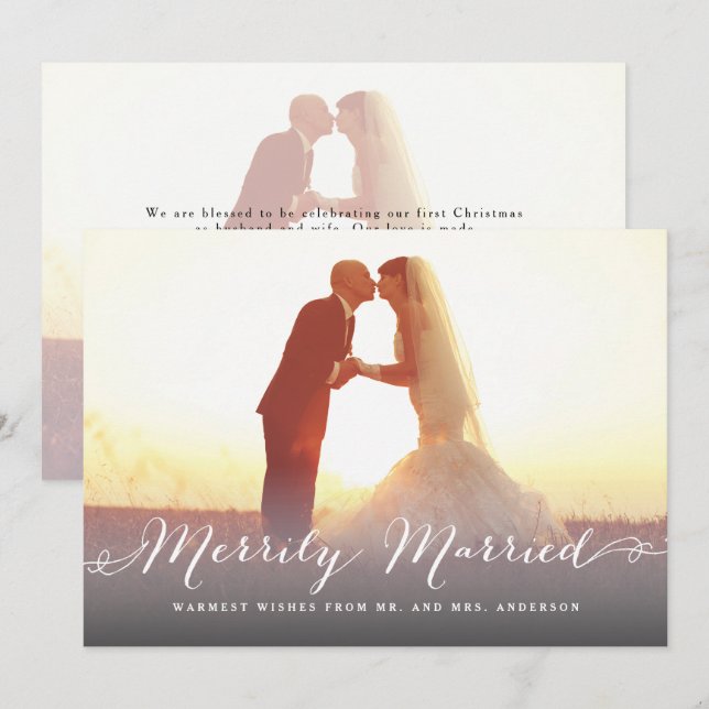 Invitación Fotos navideñas de Navidades con escritura merrily (Anverso / Reverso)