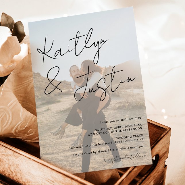 Invitación Fotos nombre guión caligrafía boda blanco negro (Photos name script calligraphy white black wedding invitation)