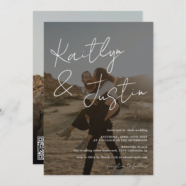 Invitación Fotos nombre guión caligrafía boda negro (Anverso / Reverso)