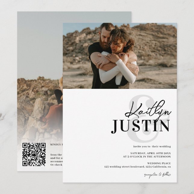 Invitación Fotos nombres en negrita caligrafía boda blanco ne (Anverso / Reverso)