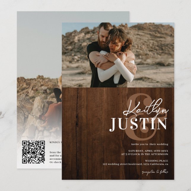 Invitación Fotos nombres en negrita caligrafía boda de madera (Anverso / Reverso)