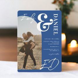 Invitación Fotos nombres en negrita guión arco boda azul retr