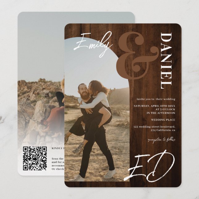 Invitación Fotos nombres en negrita script arco boda de mader (Anverso / Reverso)