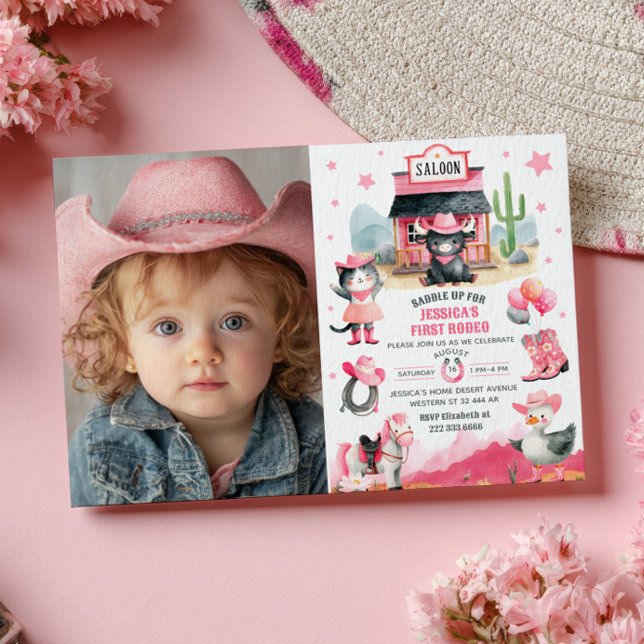 Invitación Fotos occidentales rosadas en rodeo de niña de vac (Subido por el creador)