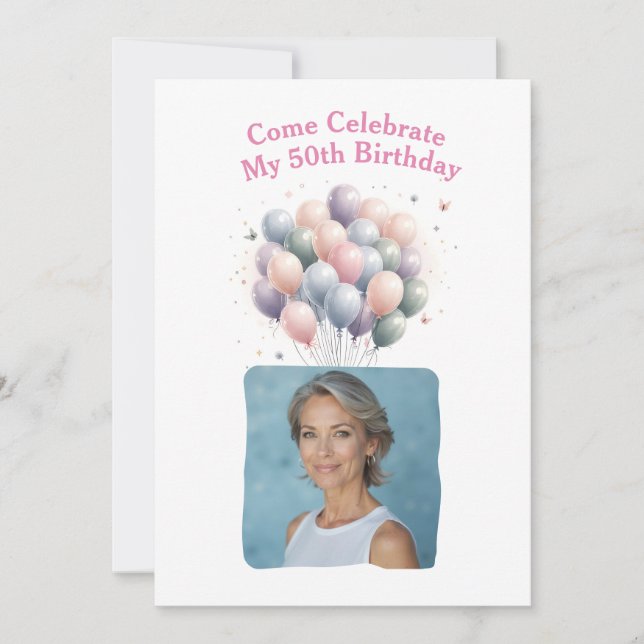 Invitación Fotos personalizadas 50.º globo de cumpleaños (Anverso)