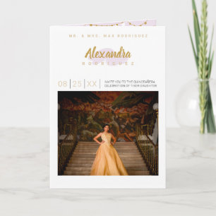Invitación Fotos Quinceañera en Purpura Pálido y Dorado