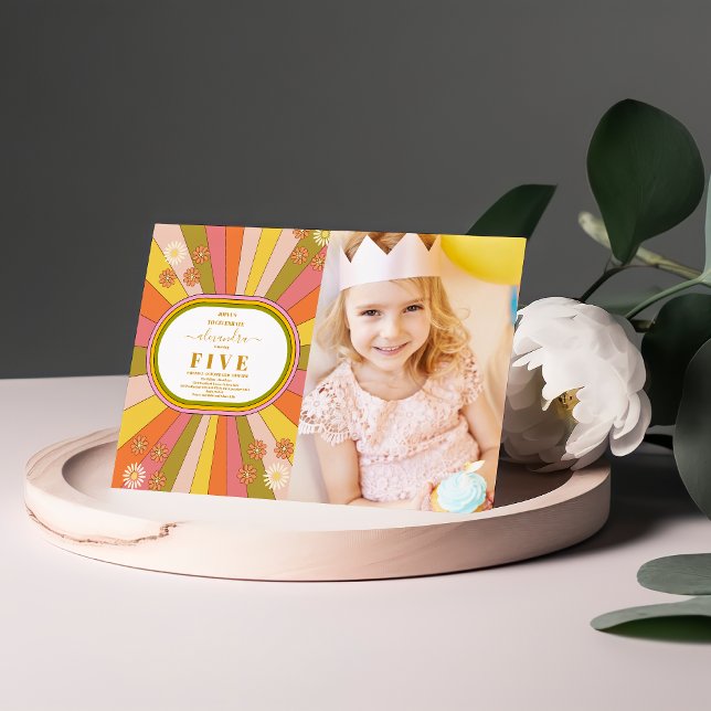 Invitación Fotos Retro Groovy Cumpleaños de los Niños con Tem (Subido por el creador)