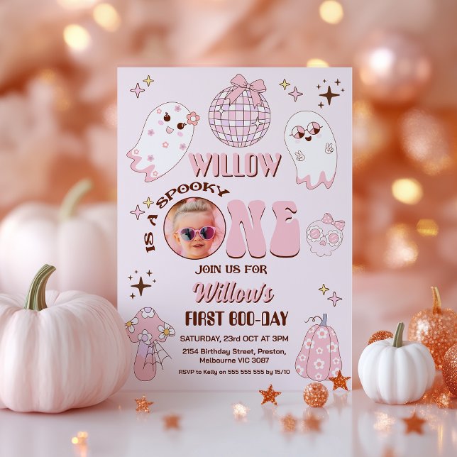Invitación Fotos Rosa Retro Halloween Festejan Un Primer Cump (Spooky One Birthday Invitation Pink Template, Halloween 1st Birthday Invitation Retro, Spooky One )