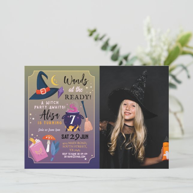 Invitación Fotos rosas del partido de cumpleaños Wands Chicas (Anverso de pie)