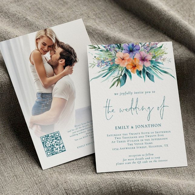 Invitación Fotos Tropical Florals Foto Código QR Boda Verde a (front and back view)