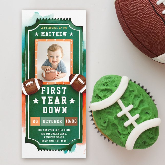 Invitación Fotos verdes de la entrada de fútbol primer cumple (first year down football birthday invitation photo watercolor sports ticket boy green orange)
