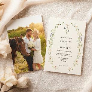 Invitación Fotosimple de boda con monograma de flores silvest