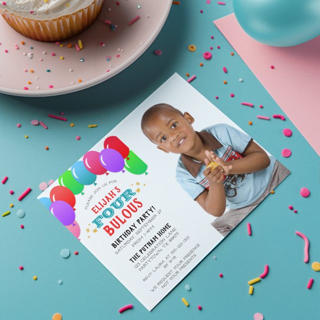 Invitación FOUR bulous 4th Birthday Balloon Photo (Subido por el creador)