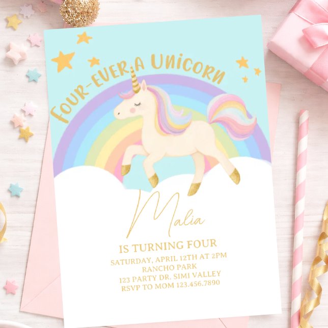 Invitación Four-Ever a Unicorn 4th Birthday Invitation – Past (Subido por el creador)
