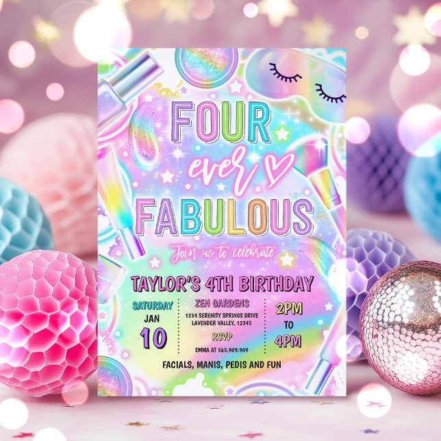 Invitación Four Ever Fabulous Rainbow Spa Makeup Birthday  (Subido por el creador)