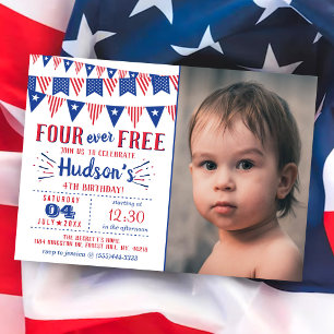 Invitación Four Ever Free! 4 de julio Cumpleaños 4 años Fiest