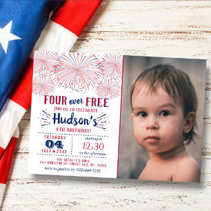 Invitación Four Ever Free! 4 de julio Cumpleaños 4 años Fiest
