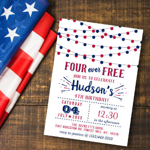 Invitación Four Ever Free! 4 de julio Cumpleaños 4 años Fiest