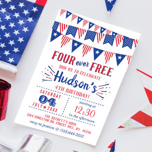 Invitación Four Ever Free! 4 de julio Cumpleaños 4 años Fiest