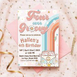 Invitación Four Ever Groovy Retro Boho Rainbow 4th Birthday