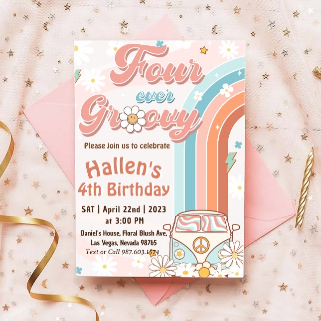 Invitación Four Ever Groovy Retro Boho Rainbow 4th Birthday (Subido por el creador)