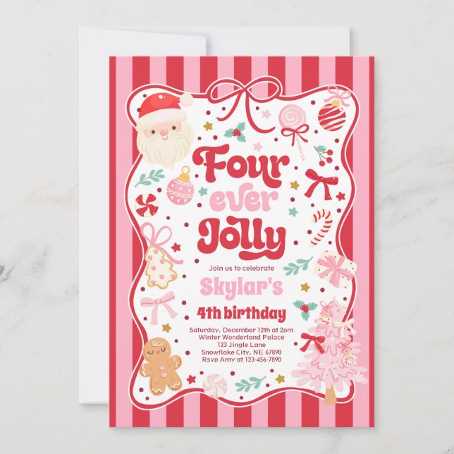 Invitación Four Ever Jolly Christmas Bow 4th Birthday (Anverso)