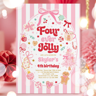 Invitación Four Ever Jolly Christmas Bow 4th Birthday