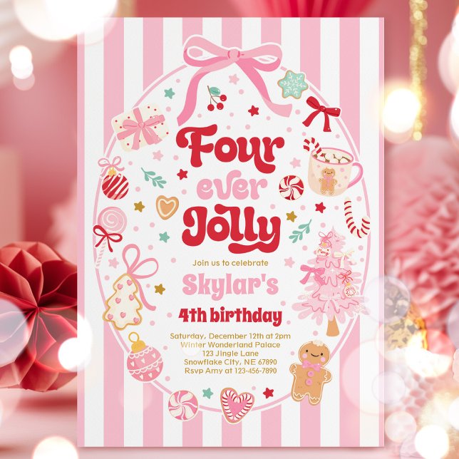 Invitación Four Ever Jolly Christmas Bow 4th Birthday (Subido por el creador)