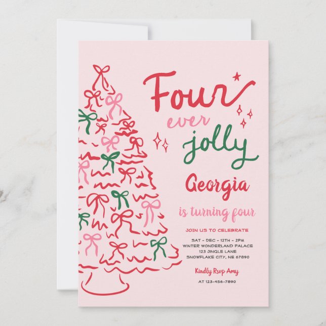 Invitación Four Ever Jolly Coquette Christmas 4th Birthday (Anverso)