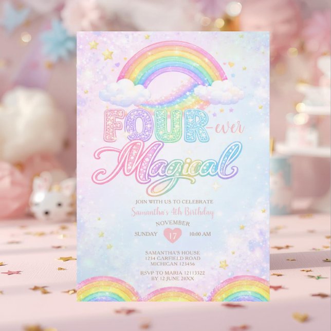 Invitación FOUR EVER Magical Rainbow 4th birthday invitation (Subido por el creador)
