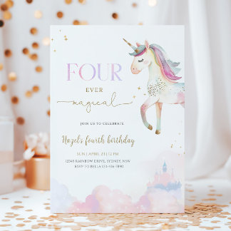 Invitación Four Ever Magical Unicorn 4th Birthday Party