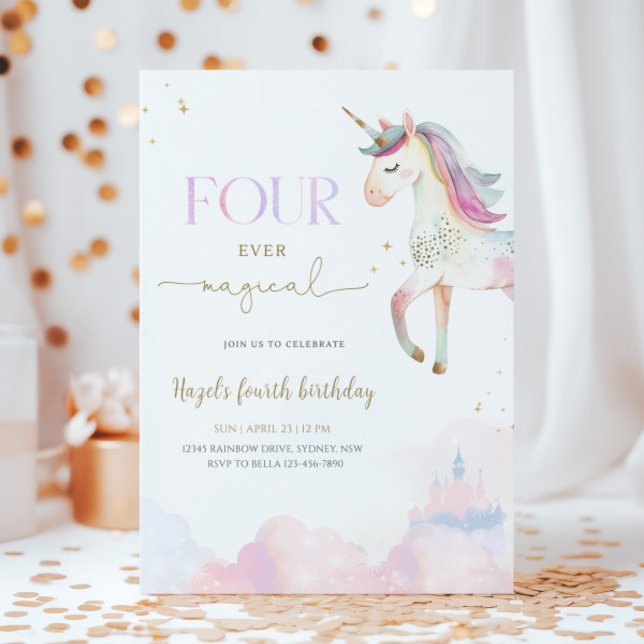 Invitación Four Ever Magical Unicorn 4th Birthday Party (Subido por el creador)