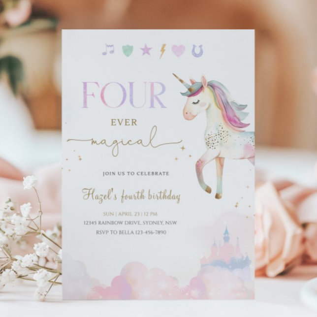 Invitación Four Ever Magical Unicorn 4th Birthday Party (Subido por el creador)