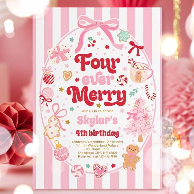 Invitación Four Ever Merry Christmas Bow 4th Birthday (Subido por el creador)